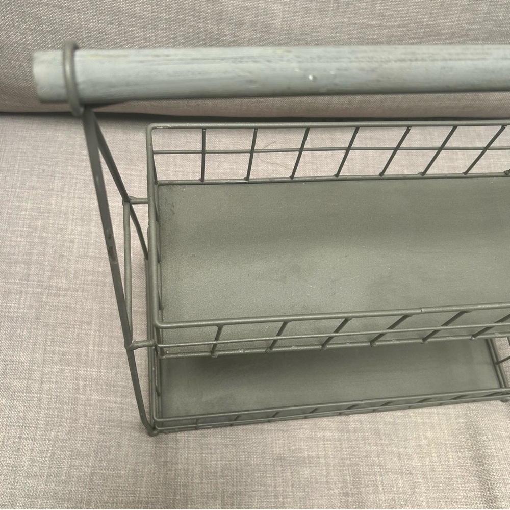 Two-Tier Metal Organizer Etagere Wooden Handle Accents Rustic Industrial#0725258 - Picture 4 of 16